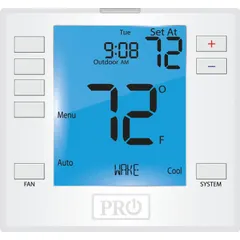 Square low-voltage thermostat for heat and cool applications. Supports 2H/2C conventional or 3H/2C heat pump staging with automatic changeover. Features 5-1-1 day programming, push-button controls, and S1 terminal designations. Temperature control range 44° to 90°F.