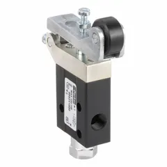 Three-way, two-position poppet valve with spring return and normally closed operation. Aluminum body with 1/8 in female NPT port size and roller actuator. Used for manual control of airflow in pneumatic circuits, such as actuating cylinders or other devices in industrial automation and material handling.