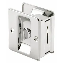This chrome plated brass pocket door pull handle features a tray/lever design and unthreaded hole mounting. It is suited for use on sliding doors, trays, or cabinets where a flush grip is required.
