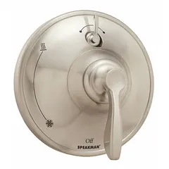 This tub and shower valve trim kit includes a circular plastic trim plate with a nickel finish and a zinc handle. It is designed for use with Caspian shower faucet valves. Suitable for residential or commercial bathroom installations.
