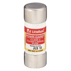 Class J cylindrical-body fast-acting fuse rated 10 A and 600 V AC. Non-indicating design with compact form for use in standard Class J fuse holders. Provides overcurrent protection in industrial equipment such as motor control centers, panelboards, and branch circuits.