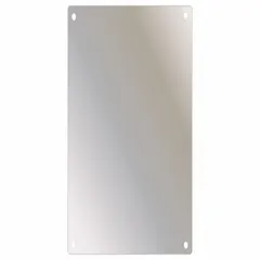 Rectangular stainless steel wall-mount mirror with unfinished silver frame. Overall height 36 inches, width 18 inches. Not lighted. Suitable for use in settings requiring break-resistant construction.
