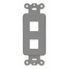 This keystone-style outlet frame accommodates two modular connectors for voice and data cabling. The gray housing is designed for use with wall plates or surface-mount boxes in structured cabling installations.
