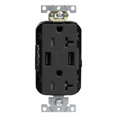 LEVITON Receptacle: Duplex, 5-20R, Black, 125V AC - Weather-Resistant Receptacles with USB Chargers