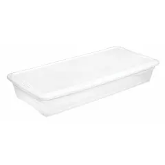 This 10.3-gallon tote features a clear plastic body for quick visual identification of contents and a white latch-on lid for secure closure. Measuring 29 3/8 in x 18 in x 6 in, it is nesting capable for efficient storage when not in use. Suitable for organizing and storing parts, tools, or supplies in industrial facilities, warehouses, and workshops. Not NSF certified.