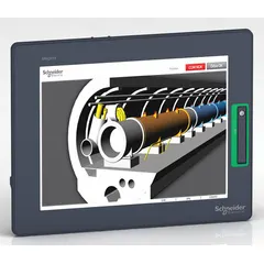 The Schneider Harmony GTU Series Modular HMI (HMIDT542) features a 10.4-inch TFT color LCD display with resistive touch technology. It operates on a 24V DC supply voltage and is designed for machine control and process visualization in industrial automation environments.