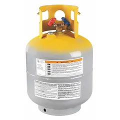 Refrigerant recovery cylinder with 1/4 in connection size for capturing and storing refrigerant during air conditioning service. Used in HVAC maintenance to safely contain refrigerants from commercial and residential AC systems.