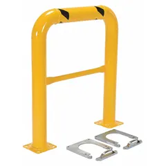 This high-profile pipe-style guardrail is constructed from steel with a yellow finish. It includes a mid-rail at 21 inches and is floor mounted with 5/8-inch mounting holes. Used to delineate boundaries and protect areas in industrial facilities such as warehouses and manufacturing plants.