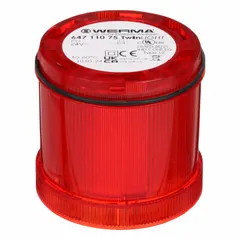 Red flashing light module for the KombiSIGN 72 series. Operates on 24V AC with a 70 mm overall diameter and 66 mm overall height. Provides visual indication for machine status, process warnings, or fault signals in industrial automation and control applications.