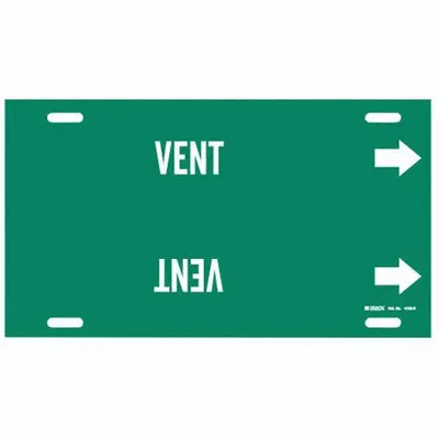 BRADY Pipe Marker: Vent, Green, White, Fits 8 to 9 7/8 in Pipe O.D., 1 Pipe Markers - Vent Strap-On Pipe Markers