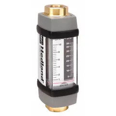 Scale-type variable area inline flowmeter for water and compatible fluids. Accuracy +/-2%, Viton seals and O-rings, measures flow in gallons, universal mounting orientation. No pressure gauge or flow adjustment knob.