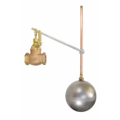 This float valve assembly automatically controls water levels in tanks, reservoirs, and cooling towers. It features a straight bronze valve body with FNPT connections, a flow rate of 30 gpm @ 60 psi, and mounts on horizontal piping. The assembly includes a rod and float with an adjustable arm and 1/4" NPT rod thread.