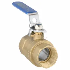 This manual two-way ball valve features a straight brass body with full port design to minimize pressure drop. It has 1-inch female NPT connections on both ends and a locking lever handle for secure shut-off, suitable for on/off flow control in water, oil, and gas lines.