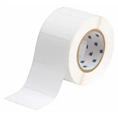 White matte-finish cryogenic thermal transfer precut label roll. Label height 2 in, width 3 in, roll length 2 in, 1,000 labels per roll. Compatible with BBP81 printer series. Used for industrial identification in extreme cold environments, asset tracking, pipe marking, and equipment labeling.