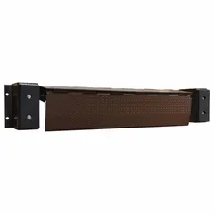 This manual hydraulic-operated dock leveler includes a control box, cylinder, hydraulic lines, motor, oil, and pump (115V). It features a rubber bumper and a service height of ± 5 in. Used to bridge the gap between a loading dock and a truck bed for forklift loading and unloading.