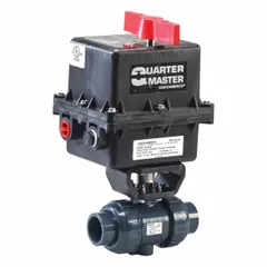 ASAHI 3-inch PVC electrically-actuated ball valve with socket x socket connections and three-piece body. Operates on 120V AC and includes a manual override feature. Suitable for automated on/off flow control in industrial piping systems handling corrosive fluids.