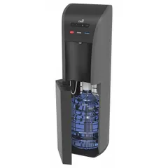 This OASIS freestanding bottled water dispenser features a bottom-loading design for easy bottle changes. It provides cold, hot, and room-temperature still water. Constructed with a black plastic housing, it operates on 115V AC electric power. Suitable for offices, break rooms, and other commercial settings where convenient hydration is needed.