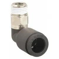This nylon and nickel-plated brass elbow fitting connects 3/8 in OD tubing to a 3/8 in MBSPT threaded port. The push-to-connect design enables tool-free installation in pneumatic and fluid systems. Supplied in a 10-pack