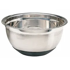 This mixing bowl is constructed with a stainless steel body and a rubber non-slip base for stability during use. It has a 10 1/2 in outside diameter and a silver finish. Suitable for blending, whisking, and preparing ingredients in commercial kitchens and food service environments.