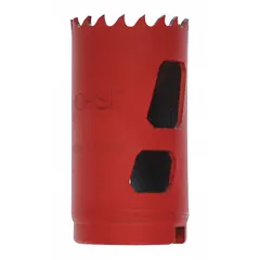 Bi-metal hole saw for cutting wood, metal, and plastic. 1-1/16 in diameter with 5/6 teeth per inch. Maximum cutting depth 1-7/8 in. 1/2-20 thread arbor connection. Arbor not included.