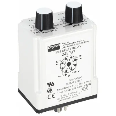 Dayton Single Function Time Delay Relay: Socket Mounted, 120V AC/DC, 10 A - Socket-Mounted Relays