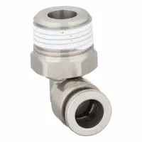 Stainless steel push-to-connect elbow fitting with 3/8" BSPT thread for 8 mm OD tubing. Used in pneumatic systems for connecting tubing to threaded ports, providing a secure, leak-free connection. Suitable for industrial automation and fluid power applications
