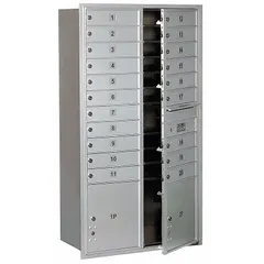Horizontal multi-unit mailbox with 20 lockable front-access doors. Recessed mounting design. Dimensions: 57 1/8 in H x 31 1/8 in W x 16 1/2 in D. Suitable for centralized mail distribution in multi-tenant residential or commercial buildings.
