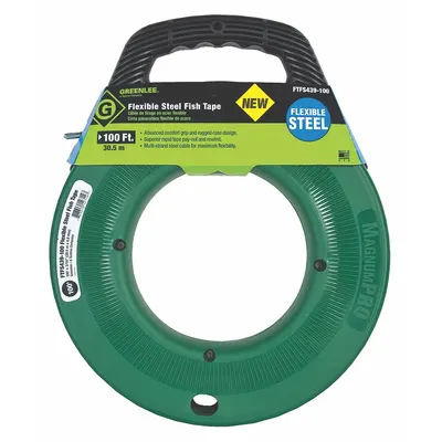 GREENLEE Fish Tape: 100 ft Lg, Manual Wind Tape Retraction, Round Tape Shape - Steel Fish Tapes