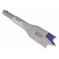 This carbon steel spade drill bit features a 5/8 in diameter and a 1/4 in hex shank for quick-change compatibility. With an overall length of 4-3/4 in, it is suited for drilling large-diameter holes in wood, plywood, and composite boards. Commonly used in rough framing and construction applications.
