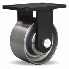 This rigid plate caster features a steel rectangular top plate and a silver wheel/tread. With a 6-inch wheel diameter, 3-inch wheel width, and 7 1/2-inch mounting height, it is suited for material handling applications requiring heat resistance, such as in ovens, kilns, or foundries.