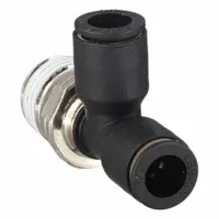 This nylon and nickel-plated brass tee fitting connects two 1/8 in OD tubes and one 1/16 in male NPT thread. It is used to create branch connections in pneumatic or low-pressure fluid systems, enabling tool-free assembly and maintenance