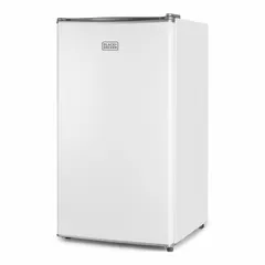 This 3.2 cu ft mini refrigerator from BLACK & DECKER features a glass door, manual defrost, and two shelves for organizing beverages and snacks. It is Energy Star Certified for energy efficiency. Suitable for compact storage in offices, dorm rooms, or bars.