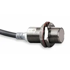 Shielded inductive cylindrical proximity sensor with normally open (NO) output. Operates on 12-24V DC supply with 2-wire connection and non-terminated cable. Suitable for non-contact detection of metal objects in industrial automation, packaging, and material handling applications.