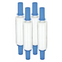 Clear stretch wrap film with handle and brake for controlled manual application. Each roll is 15 inches wide by 1,000 feet long. Used for securing pallet loads, bundling items, and stabilizing irregular loads in warehouses and distribution centers