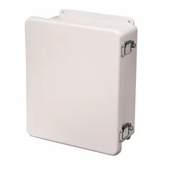This WIEGMANN fiberglass enclosure measures 8 x 6 x 4 inches and features a hinged solid cover secured by a padlock hasp. Rated NEMA 1/12/3R/4X/6P, it provides corrosion resistance and temporary submersibility for protecting electrical controls, terminals, and instruments in indoor, outdoor, washdown, and damp environments. Knockouts are not included.