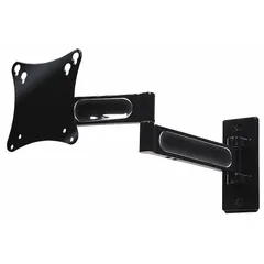 Steel wall mount for 10 to 29 inch screens, supporting up to 25 lb. Provides 90° swivel and 90° down tilt. Black fused epoxy finish. Includes universal screen adapter and mounting hardware.