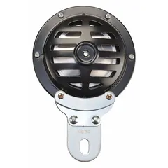 Electric-powered horn for material handling equipment. High tone, 115 dBA maximum sound level. Operates on 24-48V DC. Painted black finish. Includes mounting bracket.