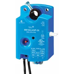 Non-spring-return actuator for modulating damper or valve applications in building automation systems. Features a self-centering shaft with CW/CCW rotation, 93° stroke, and 2.1W power rating. Operates on 20 to 30V AC input with floating point control. Hardwired electrical connection; no auxiliary switch included.