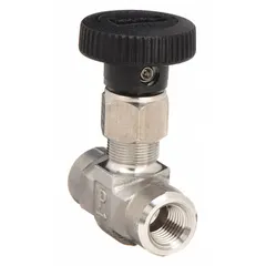 316 stainless steel straight-body needle valve with integral bonnet and 1/4 in FNPT x FNPT connections. Designed for oil media, it complies with ISA S75.02 standards. Used for precise flow regulation and shutoff in hydraulic and lubrication systems.