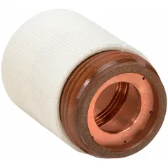 This retaining cap secures consumables on machine-type plasma torches. It is compatible with Hypertherm torch series PAC120, PAC121, PAC121M, PAC121TS, PAC123M, PAC123T, PAC125M, and PAC125T. Used in automated plasma cutting systems for precise metal fabrication.