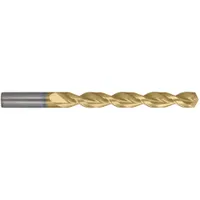 This CLEVELAND jobber-length drill bit is made from TiN-coated cobalt with a fast spiral flute design and a 135° split point. It is suited for deep hole-drilling in hard materials such as tool steels and alloys. The split point reduces walking and thrust, enabling accurate hole starts without a center punch. Typical applications include production machining, tool and die work, and general maintenance drilling