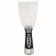 Corrosion-resistant spreading tool with a stainless steel blade and plastic handle. Straight blade shape for applying joint compound, spackle, or adhesive in drywall finishing and general construction.