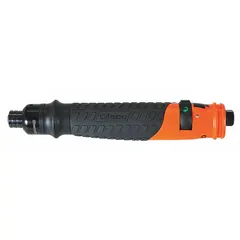 This heavy-duty inline air-powered screwdriver features a 1/4 in drive size and operates at 660 RPM. It has a push-to-start mechanism with variable speed control and a shut-off clutch for precise fastening. Suitable for assembly and maintenance tasks requiring consistent torque control.