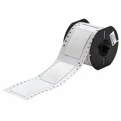 Polyolefin precut sleeve label roll, white matte finish, 2 in x 2 in size. Designed for wire and cable identification on 0 AWG to 6 AWG conductors. Compatible with Brady i3300 printer series. Suitable for marking in control panels, electrical cabinets, and machinery.