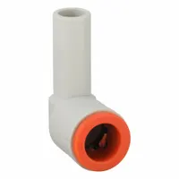 This SMC push-to-connect elbow fitting connects 1/8 in OD tubing to a 1/16 in male NPT port. Made of brass with a white finish, it is used in pneumatic systems for air, water, or inert gas lines, providing a secure, leak-free joint without tools