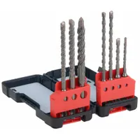 This SDS-Plus drill bit set includes five bits in sizes 3/16 in, 1/4 in, 5/16 in, 3/8 in, and 1/2 in, each with a 6 in overall length. Designed for drilling into concrete and masonry, the set is suitable for anchor installation and general construction tasks
