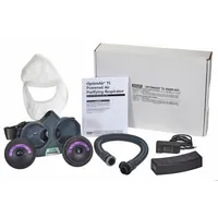 The MSA Optimair TL Welding PAPR System is a belt-mount powered air purifying respirator with a full hood headgear. It is designed for use in welding environments where respiratory protection against airborne particulates and fumes is required. The system includes a manual and is universal in size