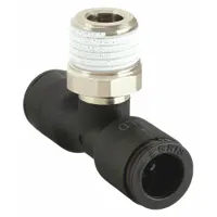 This LEGRIS tube fitting is a tee configuration with Tube x Tube x MBSPT ports, designed for 3/8 in OD tubes and a 1/4 in pipe thread. Constructed from nylon and nickel-plated brass, it is suitable for branching compressed air or fluid lines in pneumatic systems. Sold in a pack of 10