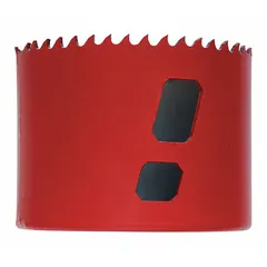 Bi-metal hole saw for cutting wood, metal, and plastic. 2-11/16 in diameter with 5/6 teeth per inch. Maximum cutting depth of 1-7/8 in. Arbor not included.