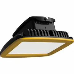 This LED flood light fixture is rated for Class III, Division 1 and 2 hazardous locations where combustible fibers or flyings may be present. It delivers 11,200 lumens at 5000K color temperature with a T4 temperature code. The fixture operates on 120/277V AC and is designed for suspended mount installation in industrial environments.